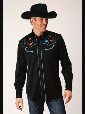 Ropez Denver CO Out of This World Embroidered Space Yoke Black Button Shirt